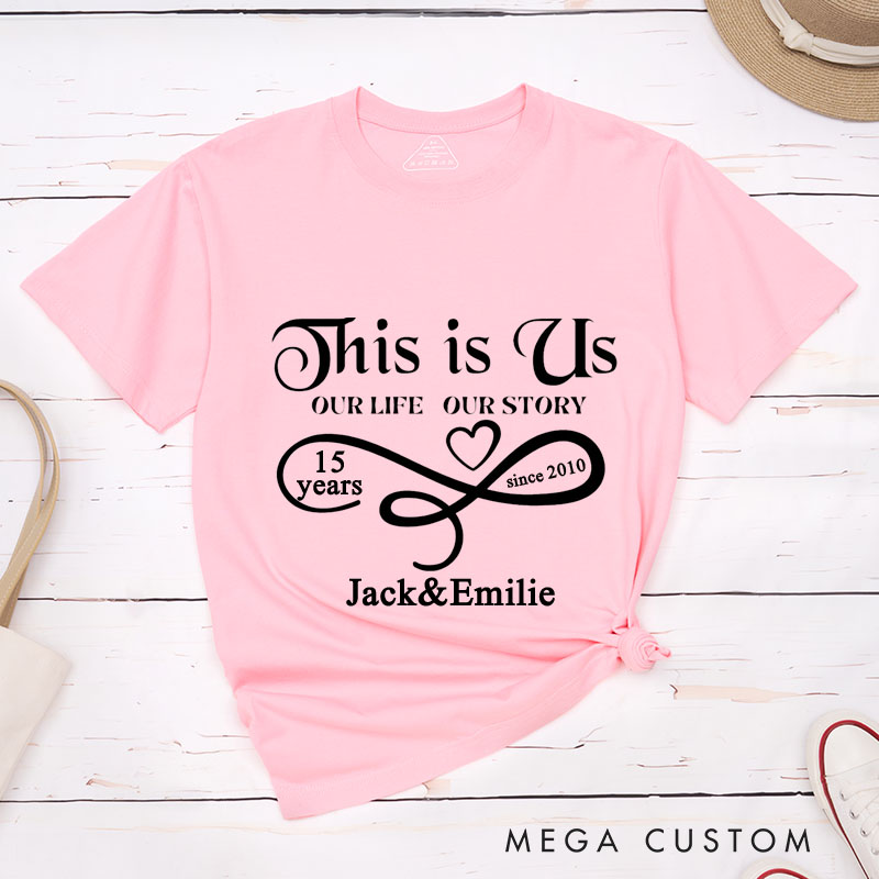 Personalized Couple 15th Anniversary T-Shirt This Is Us - 15 Years of Love and Memories T-Shirts Anniversary Shirt for Husband Wife
