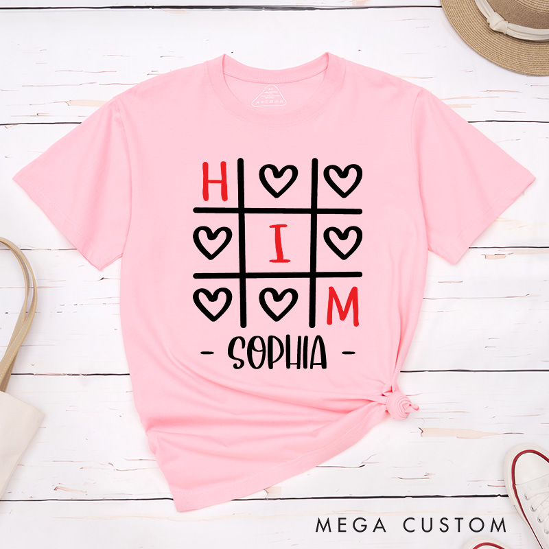 Personalized Couple Tic-Tac-Toe Her and Him Matching T-Shirt Valentine's Day T-Shirt for Husband Wife Boyfriend Girlfriend Gift