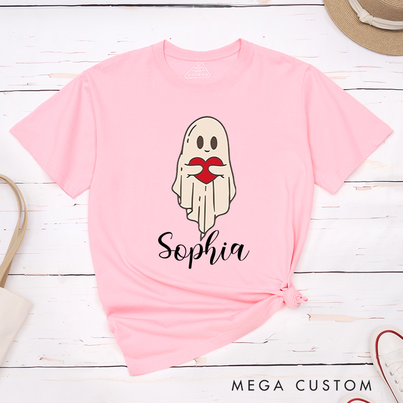 Personalized Couple Ghost Holding Heart Matching T-Shirt Valentine's Day Hubby and Wifey T-Shirt for Husband Wife Boyfriend Girlfriend Gift