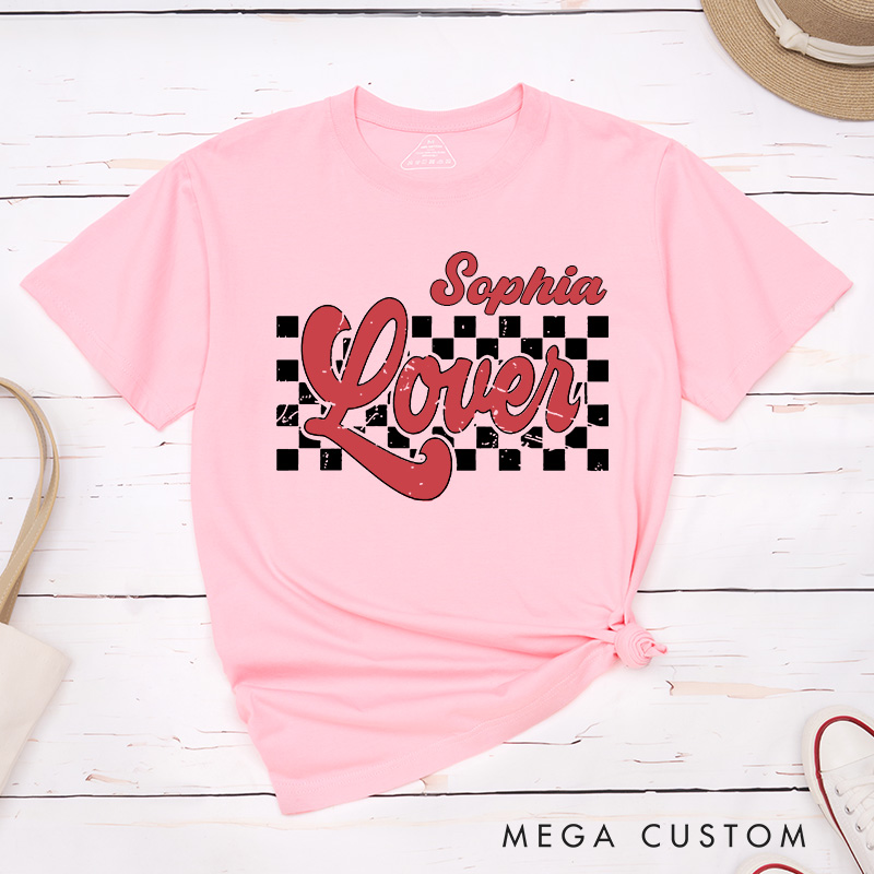 Personalized Retro Couple Lover Checkered Matching T-Shirt Valentine's Day T-Shirt for Husband Wife Boyfriend Girlfriend Gift for Hubby and Wifey