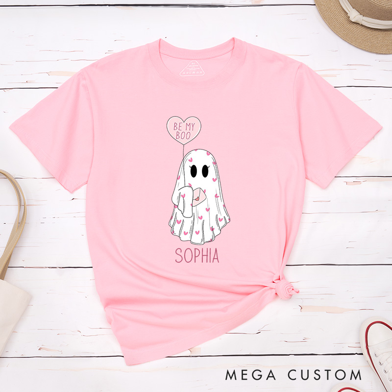 Personalized Couple Be My Boo Matching T-Shirt Valentine's Day Ghost Holding Heart Balloon T-Shirt for Husband Wife Boyfriend Girlfriend Gift
