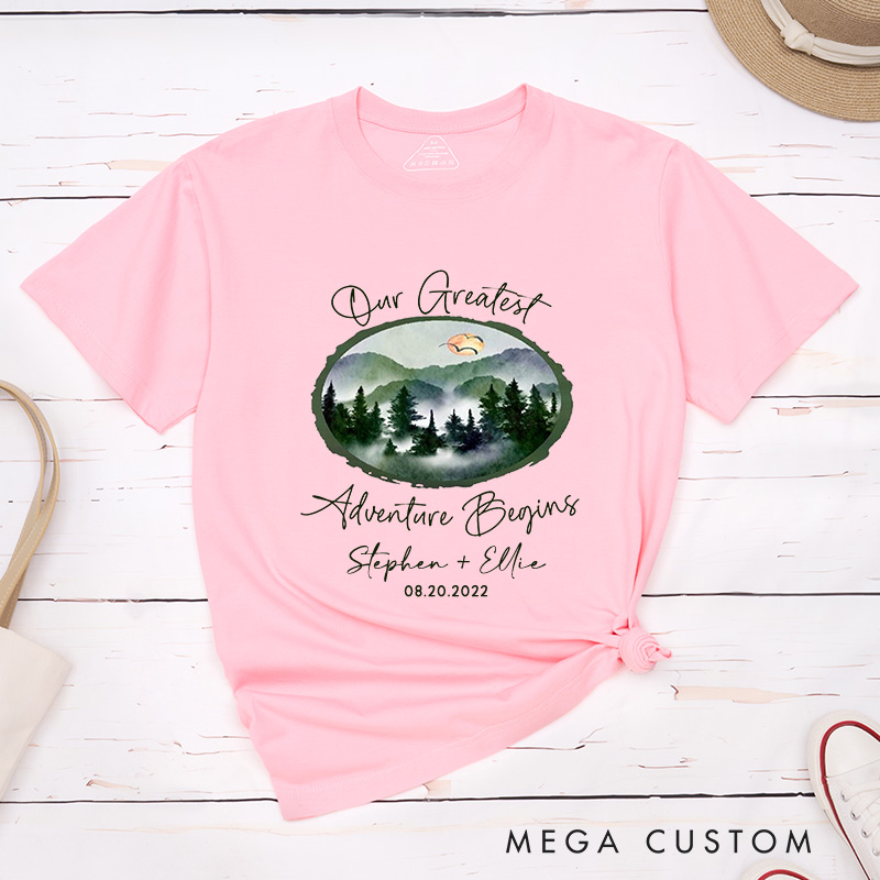 Personalized Watercolor Mountain Serence Our Greatest Adventure Begins Matching Honeymoon Couple Classic T-Shirt