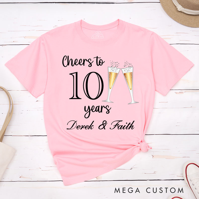 Personalized Couple 10th Anniversary T-Shirt Cheers to 10 Years T-Shirt Anniversary Gift Champagne Tees for Wife Husband Couple Gift