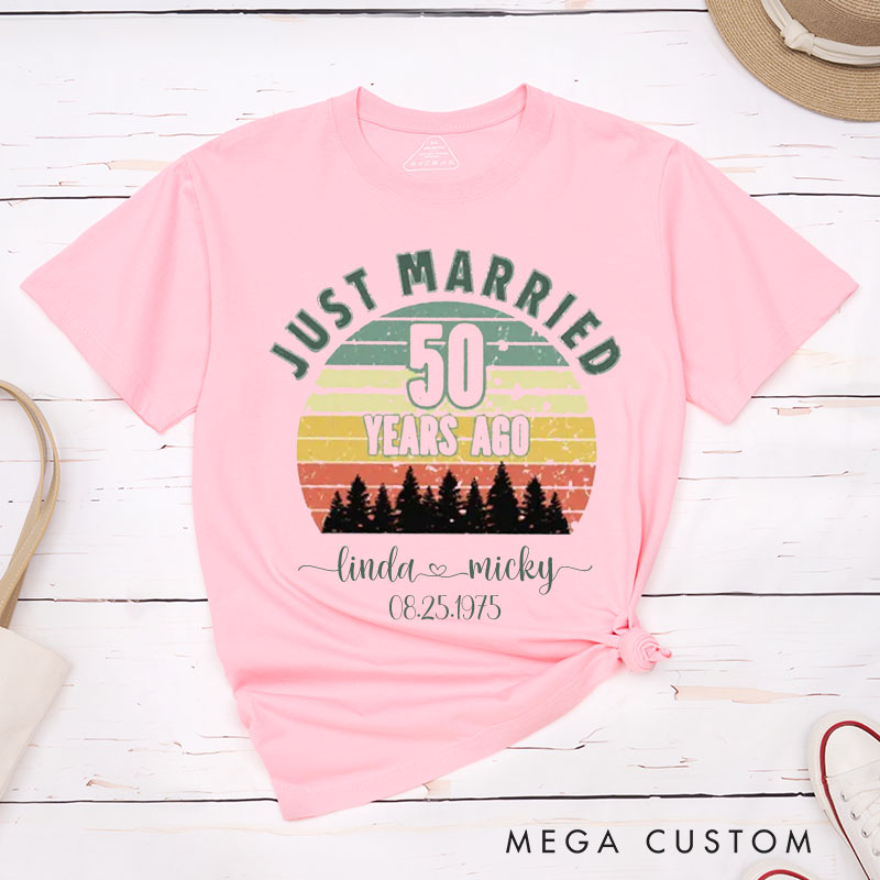 Personalized Couple 50th Anniversary T-Shirt Just Married 50 Years Ago T-Shirt Anniversary Golden Wedding Sunset Tees for Wife Husband