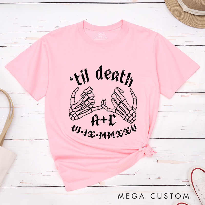 Personalized Til Death Skeleton Finger Hooks with Initials and Dates Matching Wedding Couple Classic T-Shirt