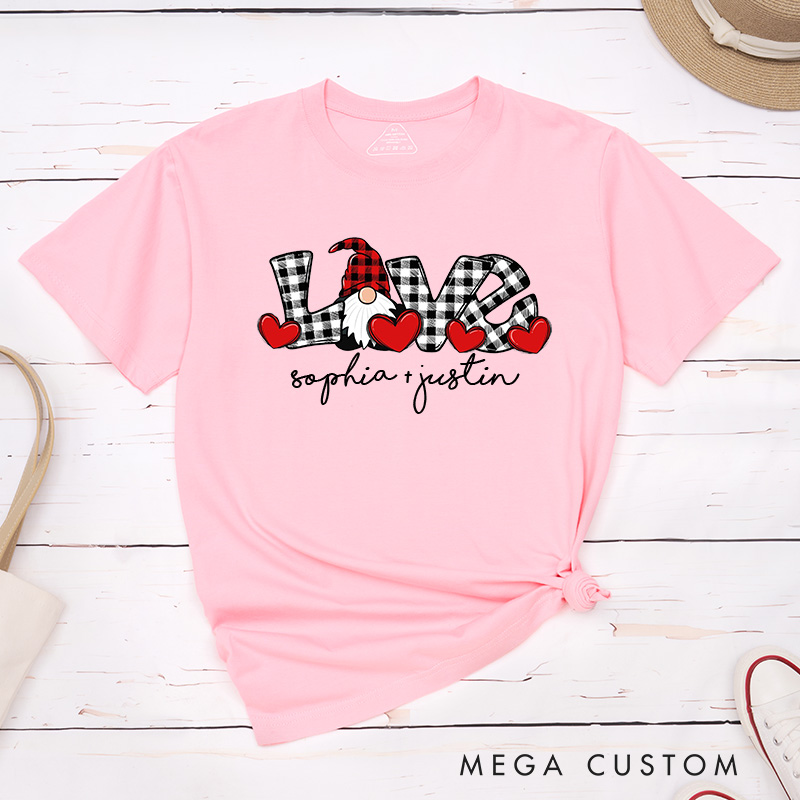 Personalized Couple Plaid Love Gnome with Red Heart Matching T-Shirt Valentine's Day T-Shirt for Husband Wife Boyfriend Girlfriend Gift