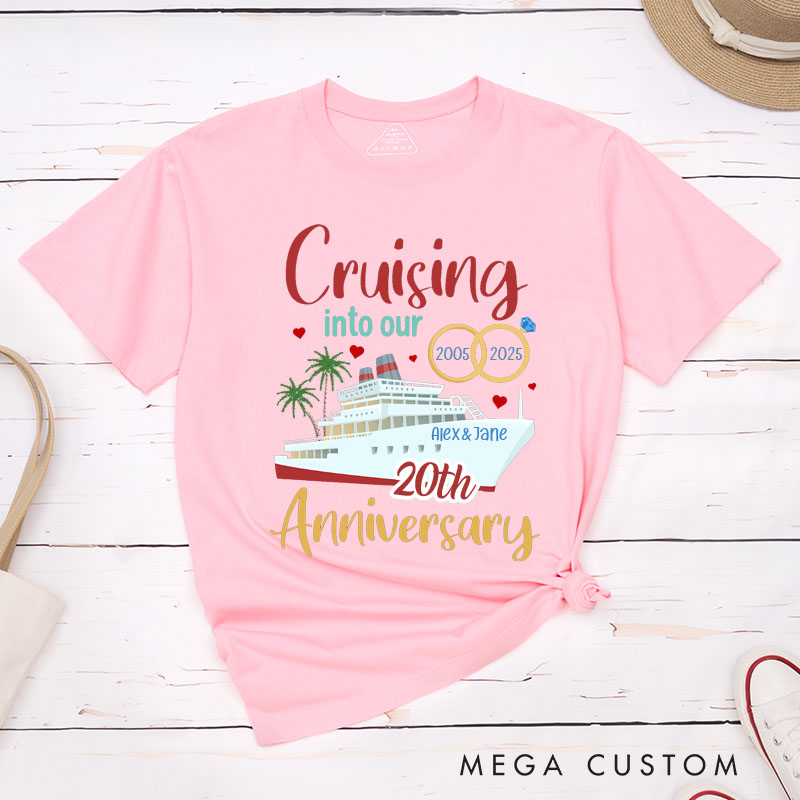 Personalized Couple 20th Cruise Anniversary T-Shirt Cruising into Our 20th Anniversary Shirt Romantic Celebration Anniversary Tees