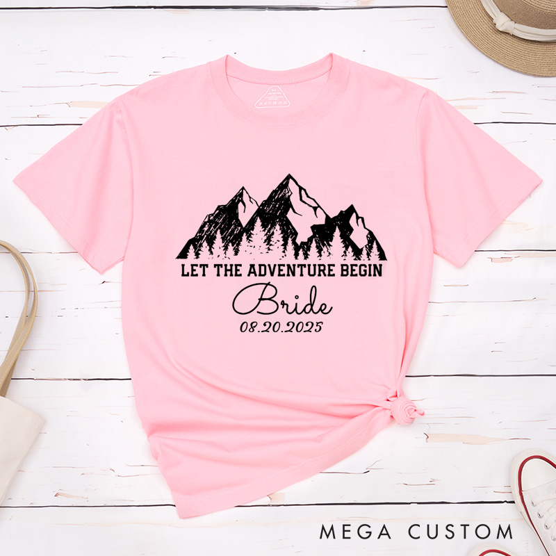 Personalized Rustic Line Mountains Let The Adventure Begin Bride and Groom Matching Wedding Couple Classic T-Shirt