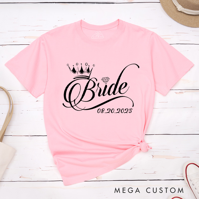 Personalized Regal Bride and Groom with Crowns and Date Matching Wedding Couple Classic T-Shirt