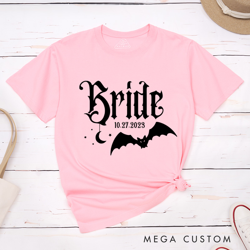 Personalized Holloween-Inspired Gothic Bride and Groom with Bat and Moon Matching Wedding Couple Classic T-Shirt