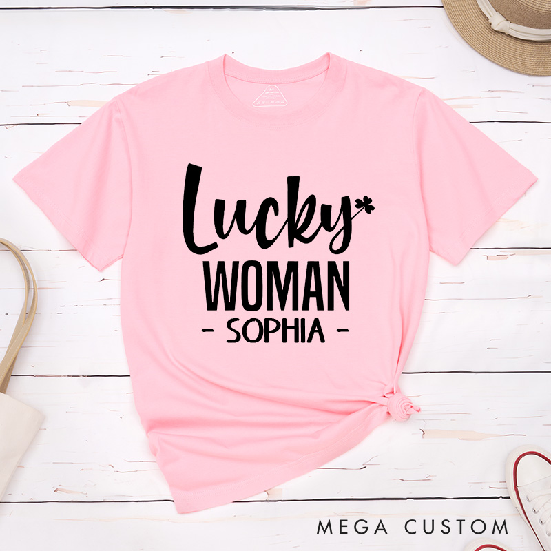 Personalized Couple Lucky Man Lucky Woman with Shamrock Matching T-Shirt Valentine's Day T-Shirt for Husband Wife Boyfriend Girlfriend Gift