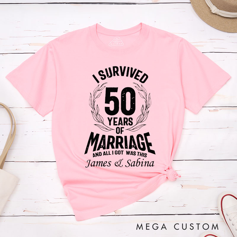 Personalized Couple 50th Anniversary T-Shirt I Survived 50 Years of Marriage Anniversary Humorous Golden Shirt Couple Gift Tee