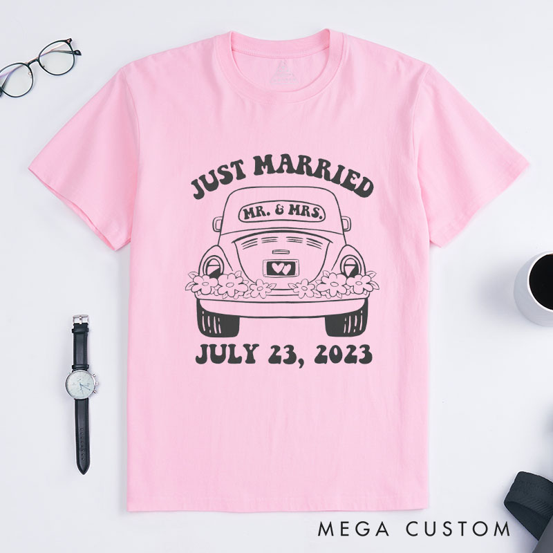 Personalized "Just Married" T-Shirt Couple Wedding Date Anniversary Gift Shirt Wife Husband Tops for Anniversary Gift for Her Him