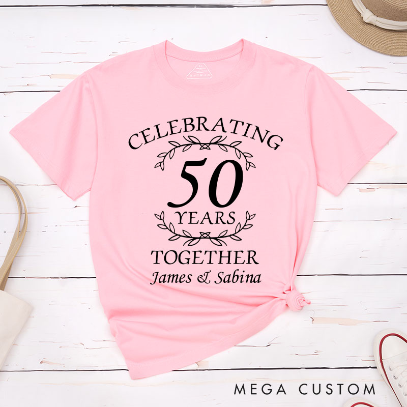 Personalized Couple 50th Anniversary T-Shirt Celebrating 50 Years Together Elegant Golden Anniversary Humorous Golden Shirt Couple Gift Tee