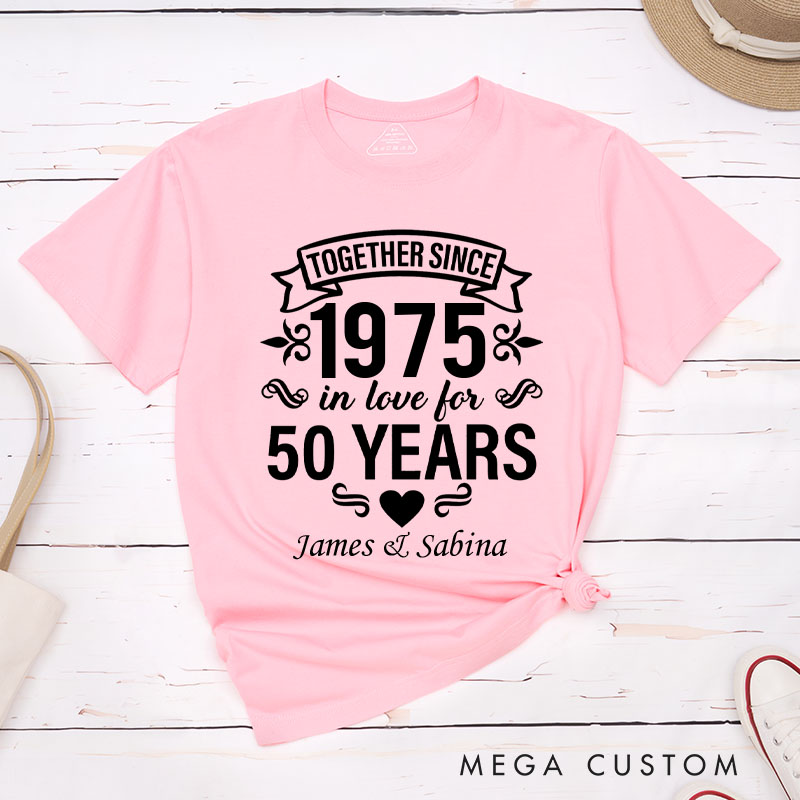 Personalized Couple 50th Anniversary T-Shirt Together Since 1975 50 Years of Love Anniversary Humorous Golden Shirt Couple Gift Tee