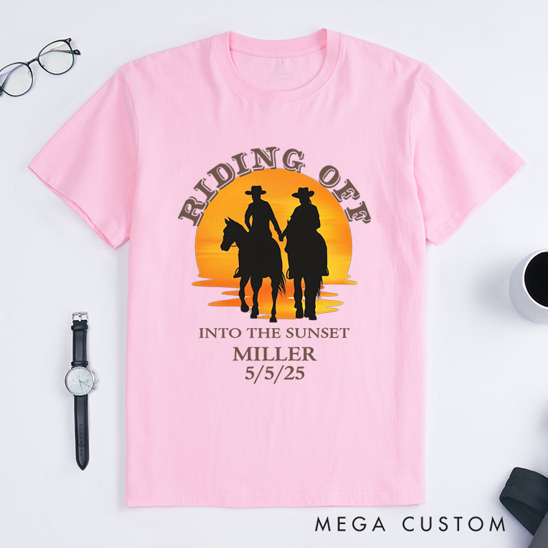 Personalized Riding Off Into the Sunset T-Shirt Custom Couple Wedding Anniversary Shirt Wife Husband Anniversary Gift for Her Him