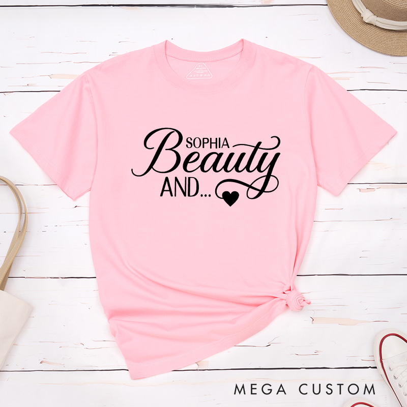 Personalized Couple The Beard and Beauty Matching T-Shirt with Name Valentine's Day T-Shirt for Husband Wife Boyfriend Girlfriend Gift