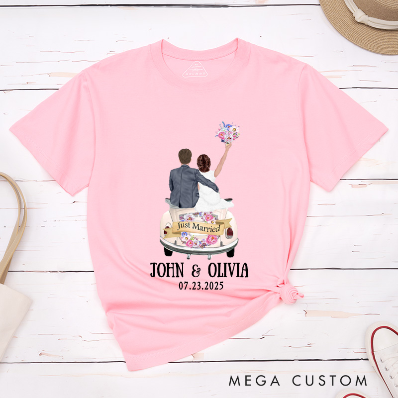 Personalized Romantic Just Married Getaway Car Wedding Couple Classic T-Shirt
