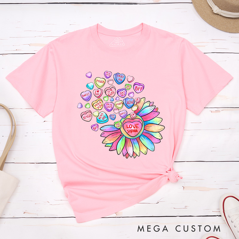 Personalized Couple Colorful Flower and Candy Matching T-Shirt Valentine's Day T-Shirt for Husband Wife Boyfriend Girlfriend Gift for Hubby Wifey