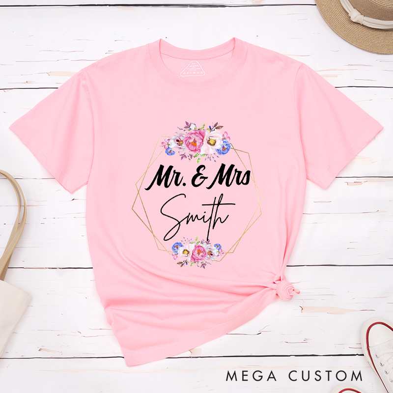 Personalized Geometric Frame with Watercolor Floral Mr and Mrs Wedding Couple Classic T-Shirt