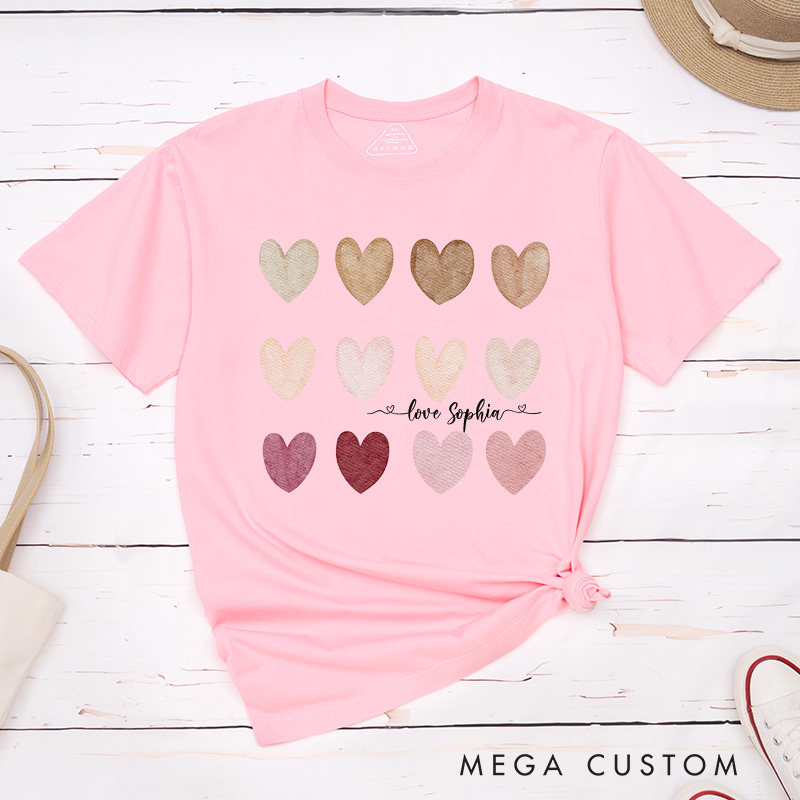 Personalized Couple Watercolor Heart Matching T-Shirt with Name Valentine's Day T-Shirt for Husband Wife Boyfriend Girlfriend Gift for Hubby Wifey