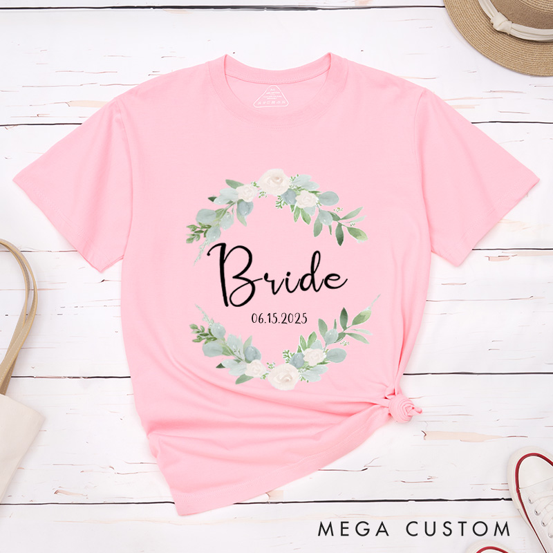 Personalized Elegant Floral Wreath Bride and Groom Matching Wedding Couple Classic T-Shirt