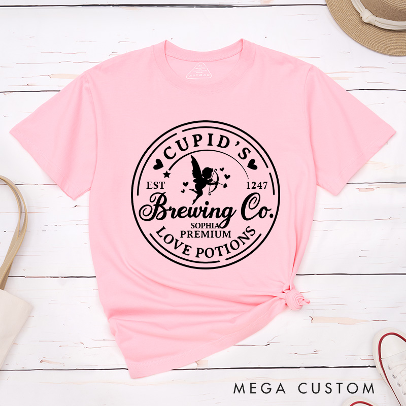 Personalized Couple Cupid’s Brewing Co. Love Potions Matching T-Shirt with Name Valentine's Day T-Shirt for Husband Wife Boyfriend Girlfriend Gift