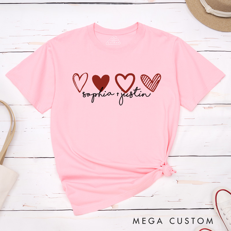 Personalized Couple Romantic 4 Hearts Matching T-Shirt with Name Valentine's Day T-Shirt for Husband Wife Boyfriend Girlfriend Gift for Hubby Wifey