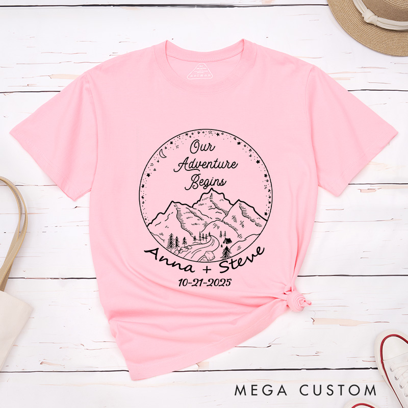 Personalized Rustic Mountain Our Adventure Begins Newlyweds Wedding Couple Classic T-Shirt