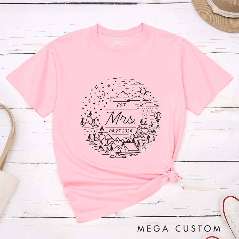 Personalized Charming Mr and Mrs Scenic Adventure Line Art Wedding Couple Classic T-Shirt