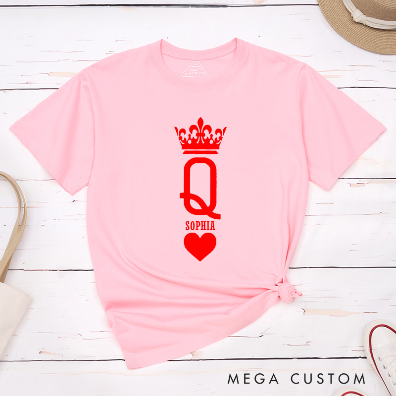 Personalized Minimalist Couple King and Queen with Crown Matching T-Shirt with Name Valentine's Day T-Shirt for Husband Wife Boyfriend Girlfriend Gift