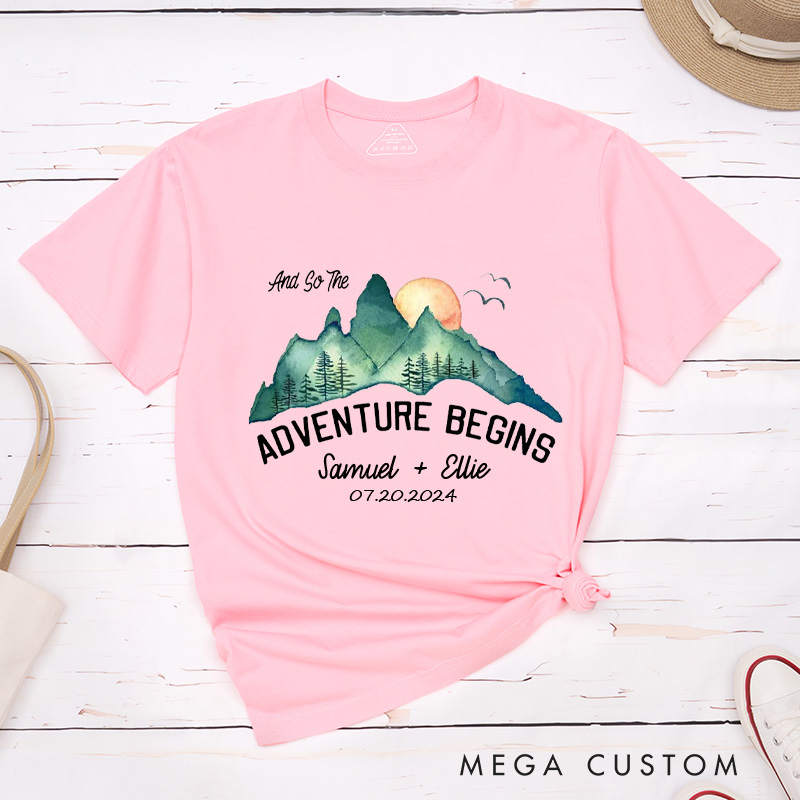 Personalized Scenic And So The Adventure Begins Newlyweds Wedding Couple Classic T-Shirt