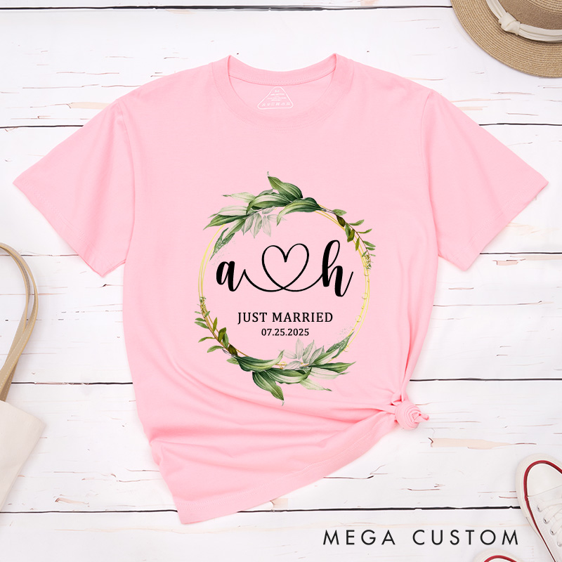 Personalized Romantic Botanical Just Married with Initials Wedding Couple Classic T-Shirt