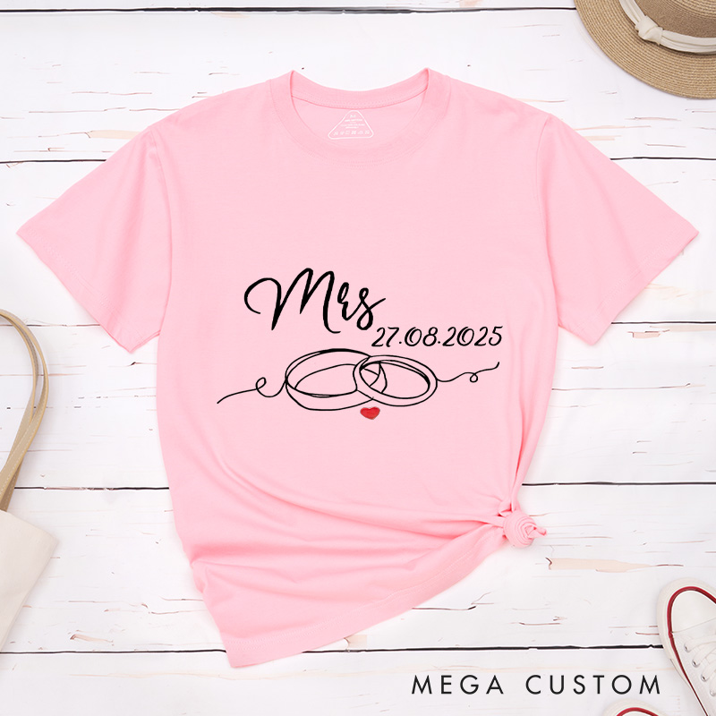 Personalized Elegant Mr and Mrs with Wedding Rings Matching Wedding Couple Classic T-Shirt