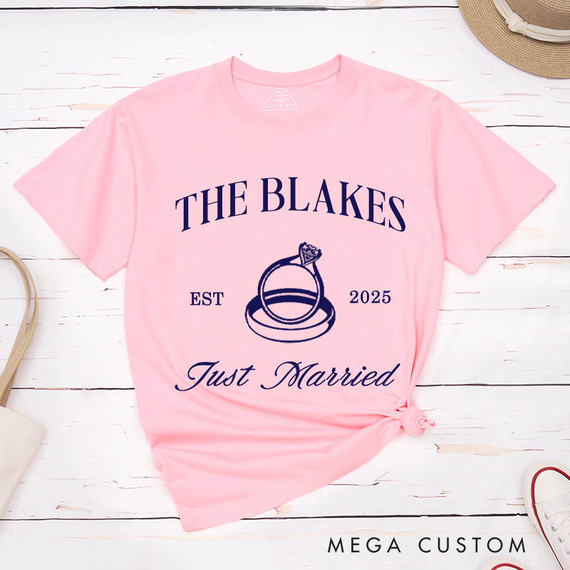 Personalized Elegant Just Married Wedding Rings Newlyweds Wedding Couple Classic T-Shirt
