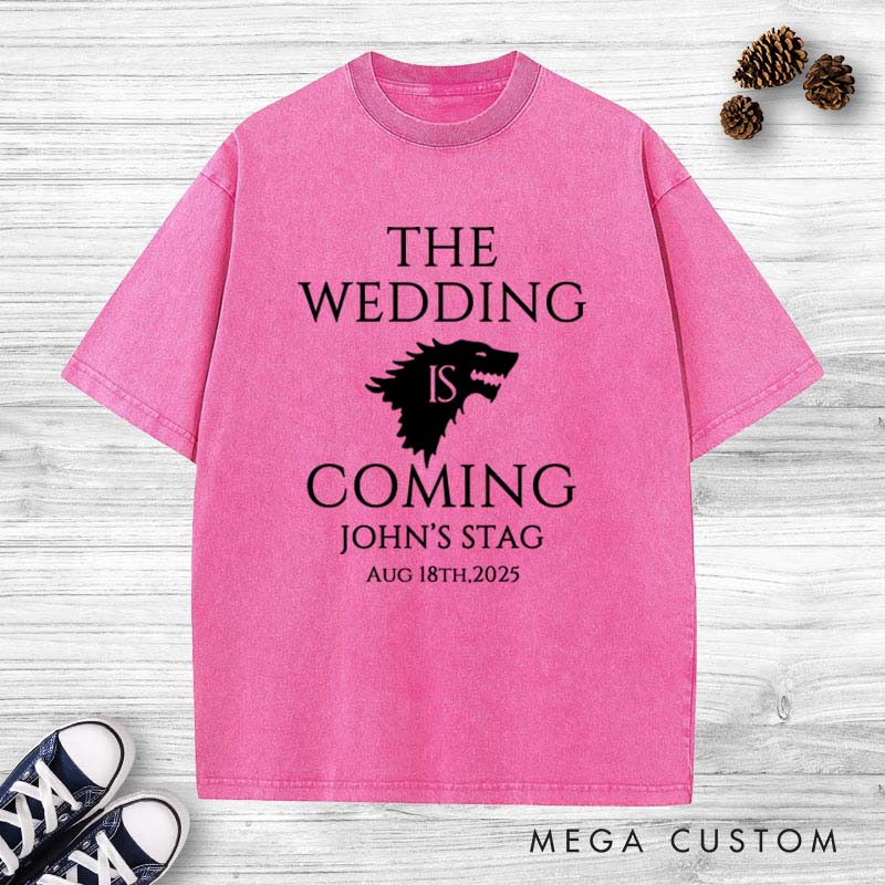Personalized Groom Bachelor Party Washed T-Shirt THE WEDDING IS COMING Wolf PackT-Shirt for Him Retro Groomsman y2k Shirts for Men