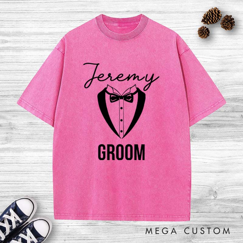 Personalized Groom Tuxedo Washed T-Shirt Groom Club Bachelor Party T-Shirt Vintage y2k Washed T-Shirt for Best Man Men Groomsmen T-Shirt