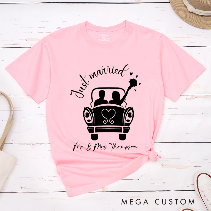 Personalized Romantic Just Married with Wedding Car Wedding Couple Classic T-Shirt