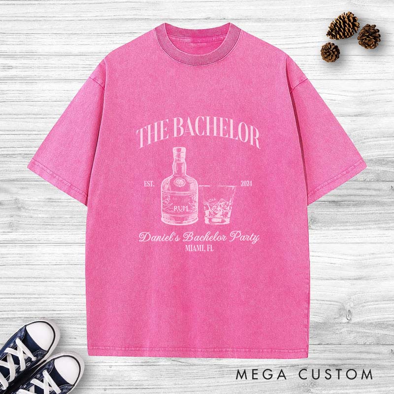 Personalized "The Bachelor" Rum-Themed Party Washed T-Shirt Groomsman Wedding Party Favors Shirts Retro Washed T-Shirt for Best Man