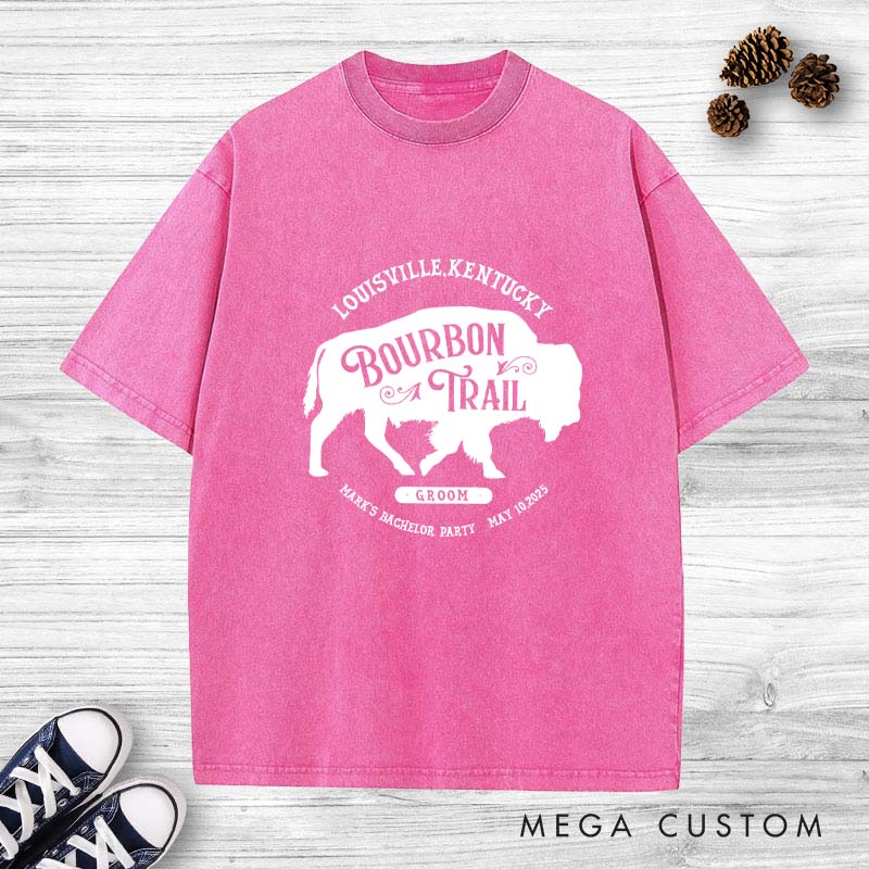 Personalized "Bourbon Trail" Bachelor Party Washed T-Shirt Groom Bachelor Party Whiskey T-Shirts Groomsmen Washed T-Shirts Best Man Gift