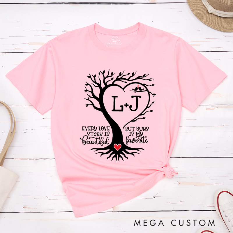 Personalized Couple Heart-Shaped Tree Matching T-Shirt with Initials Valentine's Day Classic T-Shirt for Husband Wife Boyfriend Girlfriend Gift
