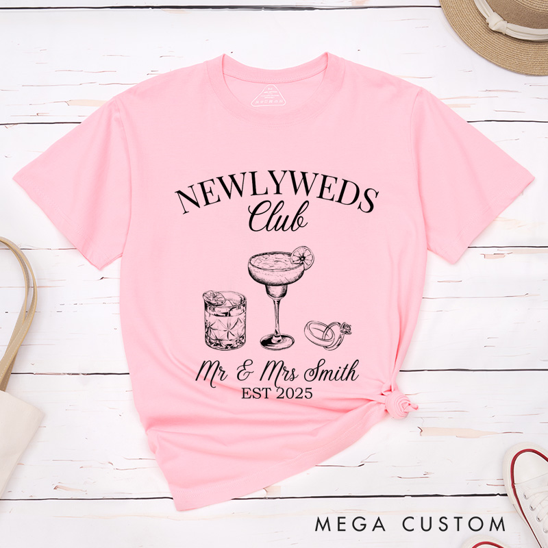 Personalized Rustic Newlyweds Club with Cocktails Mr and Mrs Wedding Couple Classic T-Shirt