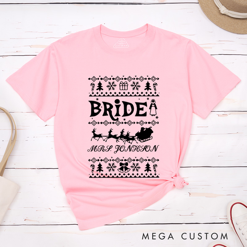 Personalized Christmas Bride and Groom with Reindeer and Sleighs Matching Wedding Couple Classic T-Shirt