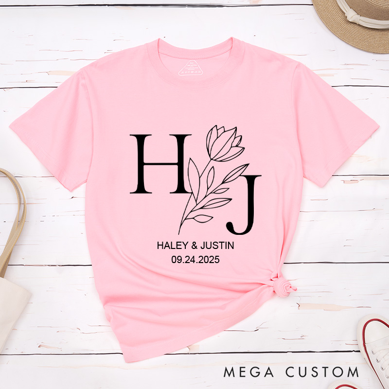 Personalized Elegant Floral with Initials Wedding Couple Classic T-Shirt