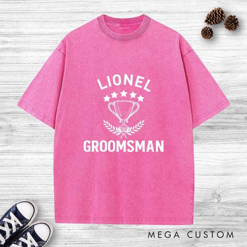 Personalized Groomsman Trophy Bachelor Party Washed T-Shirt Groomsmen Wedding Party T-Shirt Retro Washed T-Shirts for Best Man