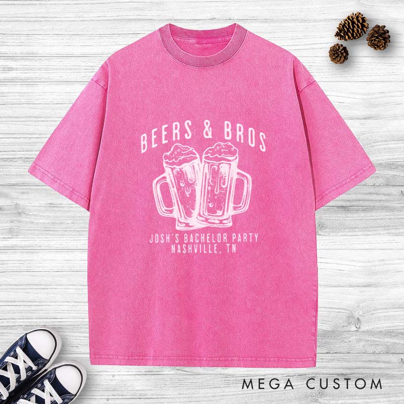 Personalized BEERS & BROS Washed T-Shirt Groom Groomsmen Cheers Beers Wedding T-Shirt Beer-Themed Washed T-Shirts for Best Man