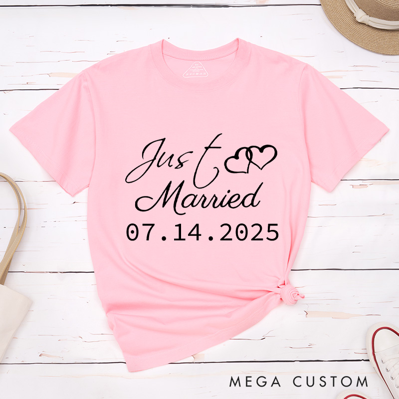 Personalized Elegant Just Married with Hearts Wedding Couple Classic T-Shirt
