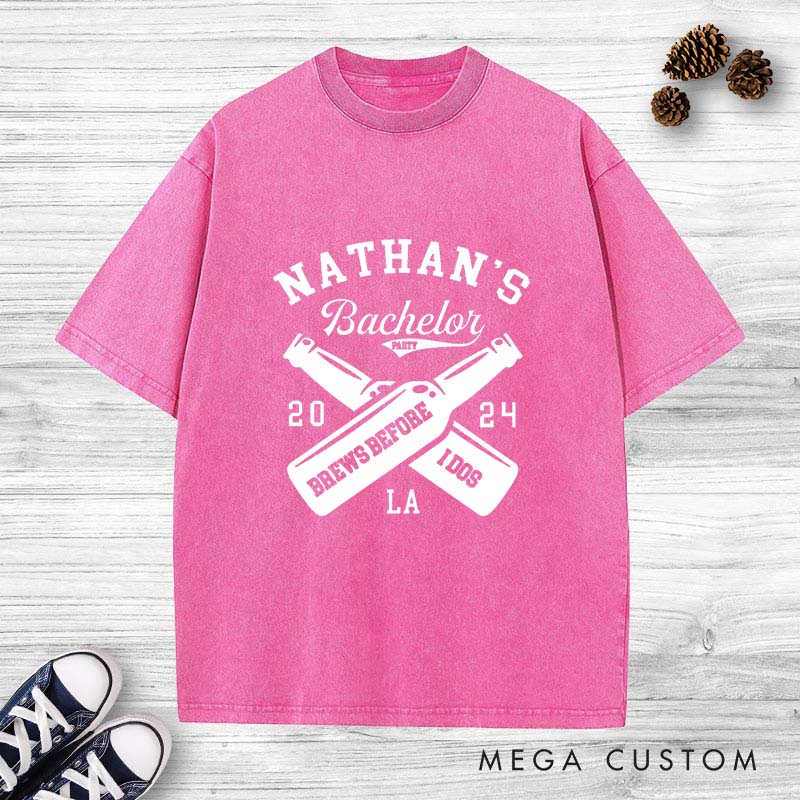 Personalized Brews Before I Dos Groom Washed T-Shirt Groom Wedding Party T-Shirt Retro Groomsman y2k Washed T-Shirts for Best Man