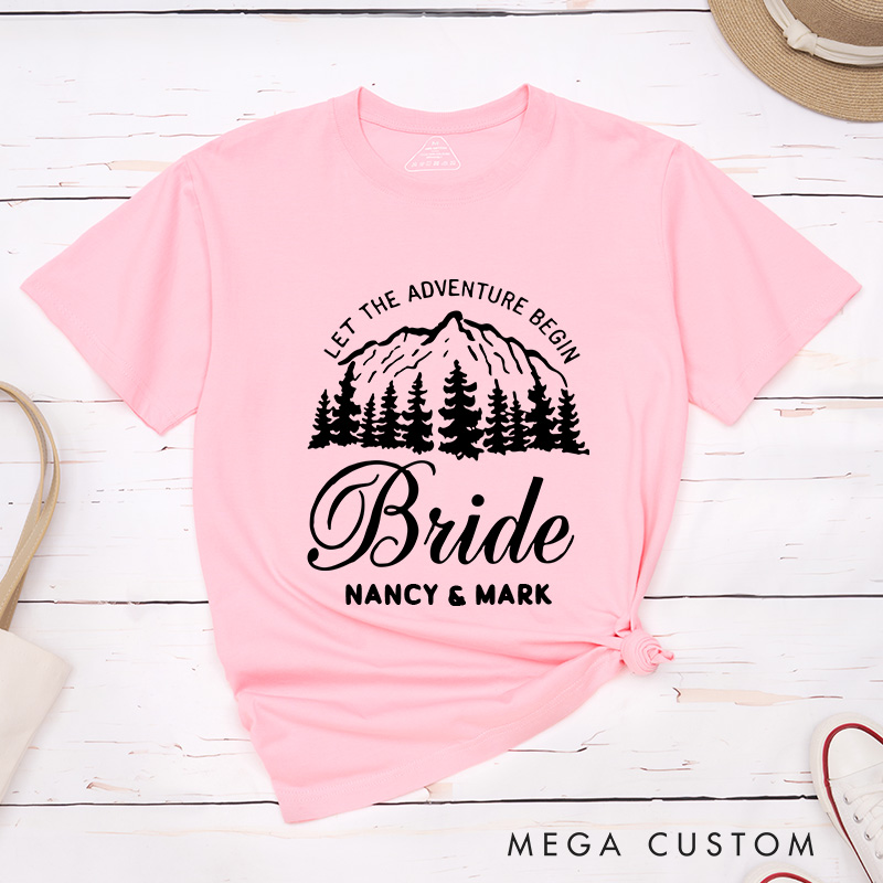 Personalized Mountain Serene Let The Adventure Begin Bride and Groom Wedding Couple Classic T-Shirt
