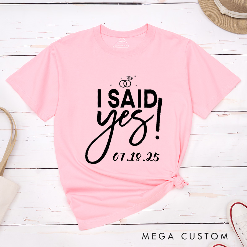 Personalized Elegant I Asked and I Said Yes Engagement Announcement with Rings Engagement Couple Classic T-Shirt